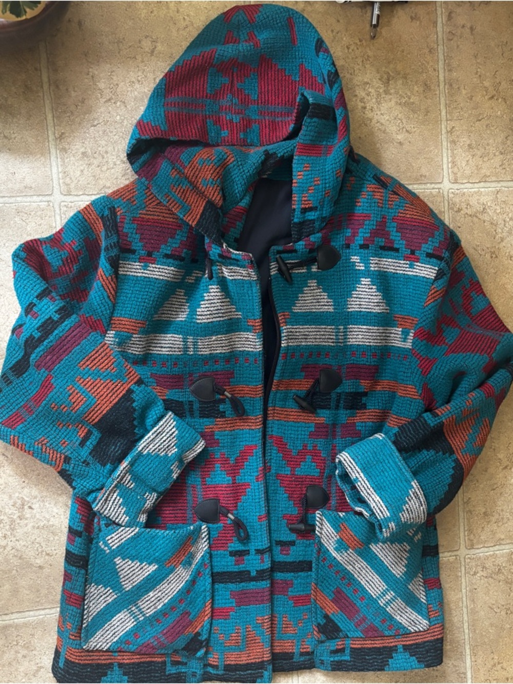 Teal and Burgundy Hooded Aztec Toggle Coat